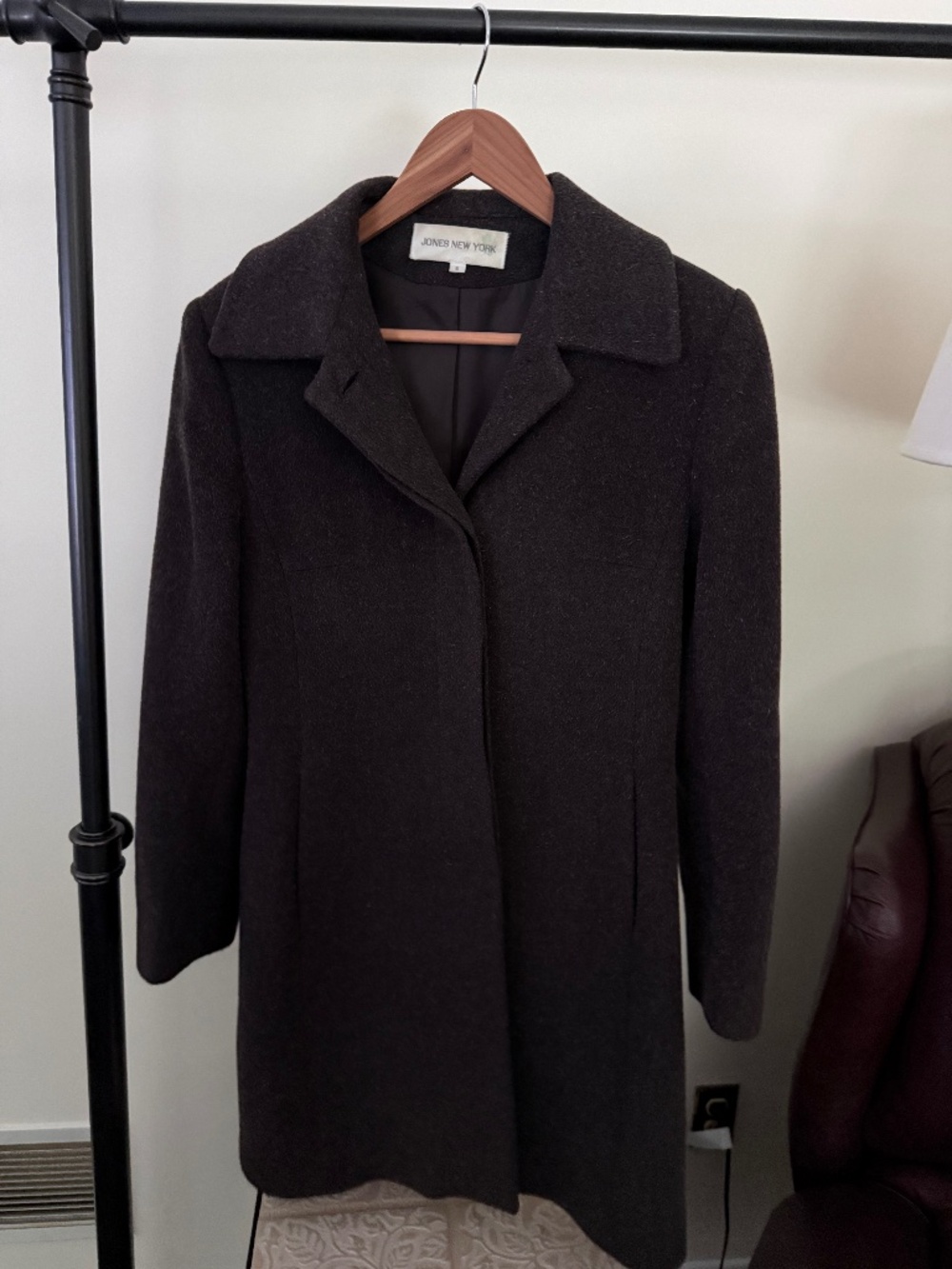 Jones New York Dark Brown Wool Blend Single-Breasted Car Coat